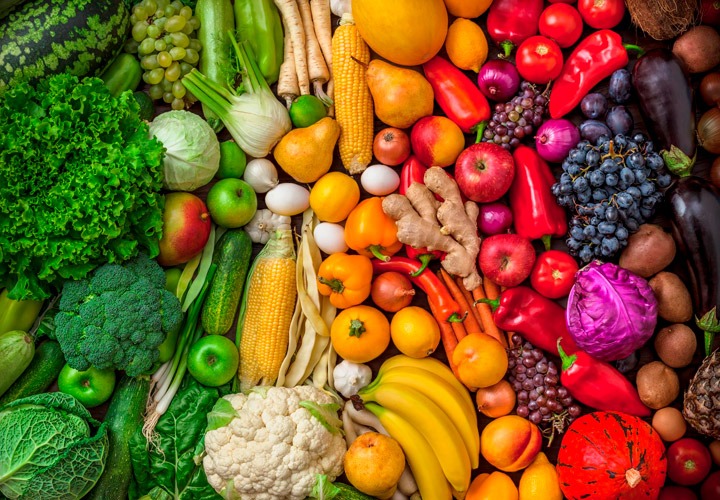 diversos alimentos, frutas e verduras, coloridas